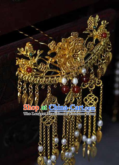 China Ancient Court Woman Filigree Peony Hairpin Traditional Qing Dynasty Empress Golden Tassel Hair Stick