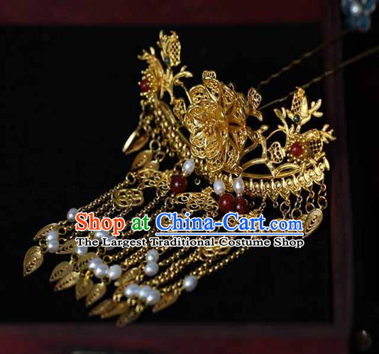 China Ancient Court Woman Filigree Peony Hairpin Traditional Qing Dynasty Empress Golden Tassel Hair Stick