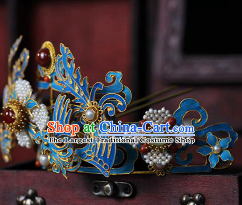 China Ancient Imperial Consort Blueing Phoenix Hair Crown Traditional Qing Dynasty Court Lady Hair Accessories