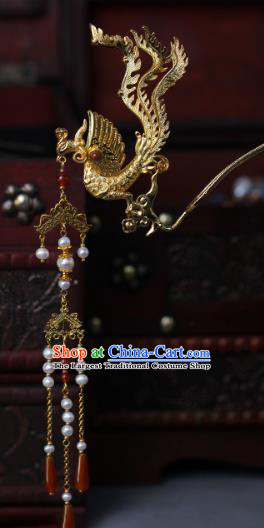 China Traditional Ming Dynasty Wedding Hair Accessories Ancient Empress Golden Phoenix Tassel Hairpin