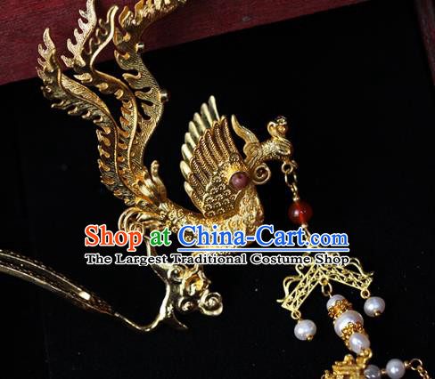 China Traditional Ming Dynasty Wedding Hair Accessories Ancient Empress Golden Phoenix Tassel Hairpin