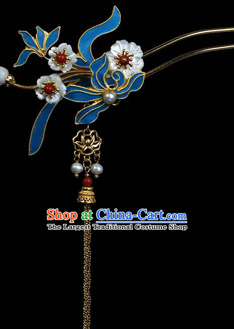 China Ancient Empress Shell Plum Hairpin Traditional Ming Dynasty Court Queen Blueing Orchids Tassel Hair Stick