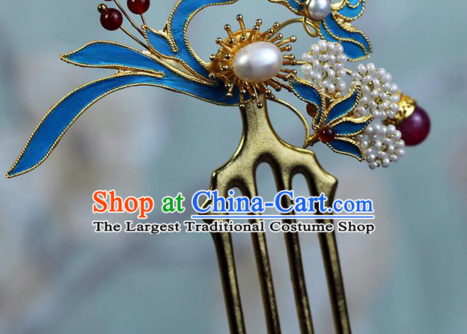 China Ancient Empress Pearls Hairpin Traditional Ming Dynasty Court Queen Orchids Hair Comb