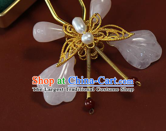 China Ancient Palace Lady Rose Quartz Butterfly Hairpin Traditional Ming Dynasty Pearl Hair Stick