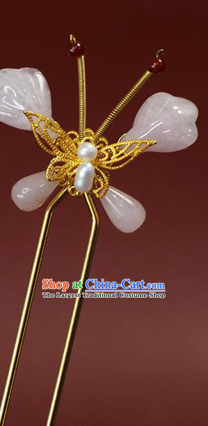 China Ancient Palace Lady Rose Quartz Butterfly Hairpin Traditional Ming Dynasty Pearl Hair Stick