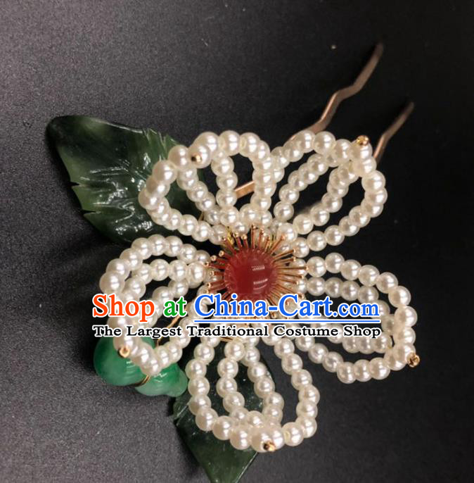 China Ancient Princess Pearls Lotus Hair Stick Traditional Hanfu Hair Accessories Ming Dynasty Jade Gourd Hairpin
