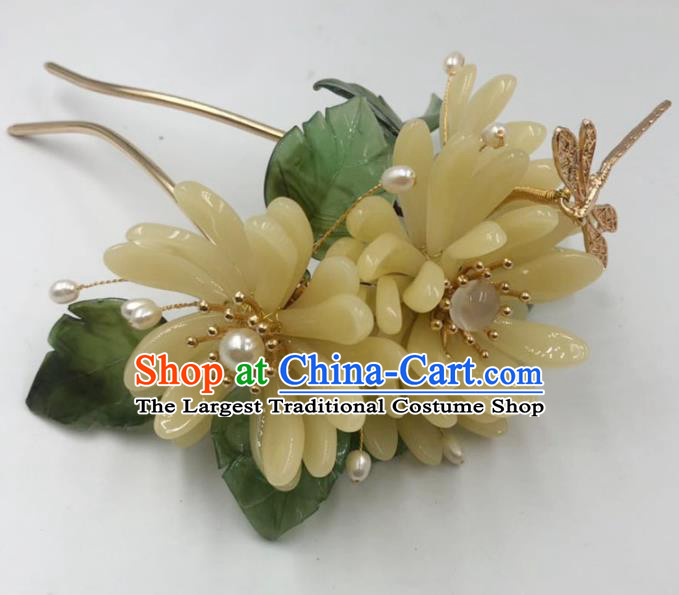 China Ancient Princess Yellow Chrysanthemum Hair Stick Traditional Hanfu Hair Accessories Ming Dynasty Dragonfly Hairpin
