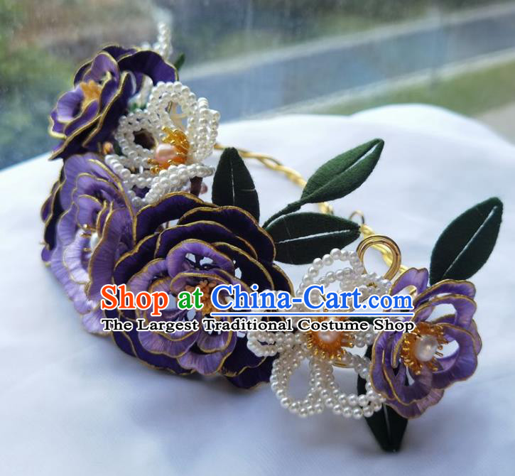 China Ming Dynasty Beads Plum Hairpin Traditional Hanfu Hair Accessories Ancient Princess Purple Silk Peony Hair Crown