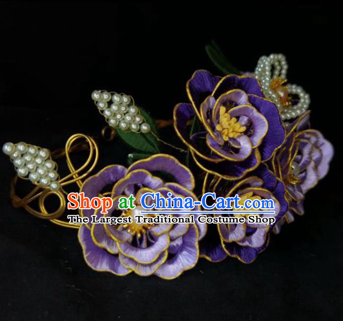 China Ming Dynasty Beads Plum Hairpin Traditional Hanfu Hair Accessories Ancient Princess Purple Silk Peony Hair Crown