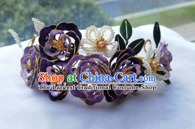 China Ming Dynasty Beads Plum Hairpin Traditional Hanfu Hair Accessories Ancient Princess Purple Silk Peony Hair Crown