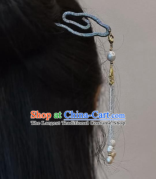 China Ming Dynasty Pearls Tassel Hairpin Traditional Hanfu Hair Accessories Ancient Princess Blue Cloud Hair Stick