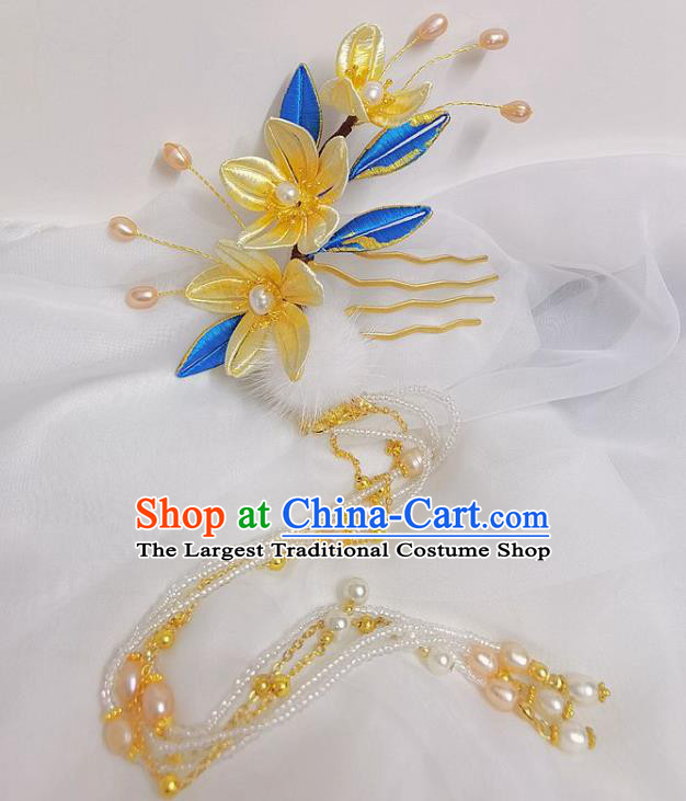 China Ming Dynasty Pearls Tassel Hairpin Traditional Hanfu Hair Accessories Ancient Princess Yellow Silk Flowers Hair Stick