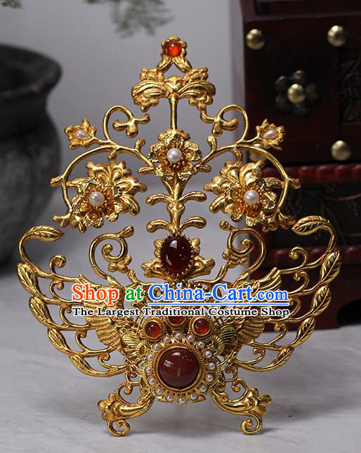 China Ancient Empress Golden Phoenix Hairpin Traditional Ming Dynasty Queen Agate Pearls Hair Crown