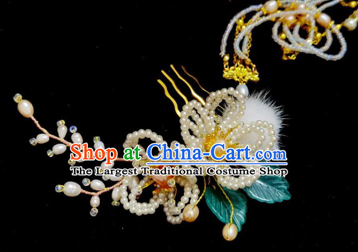 China Ming Dynasty Pearls Hairpin Traditional Hanfu Hair Accessories Ancient Princess Tassel Hair Comb