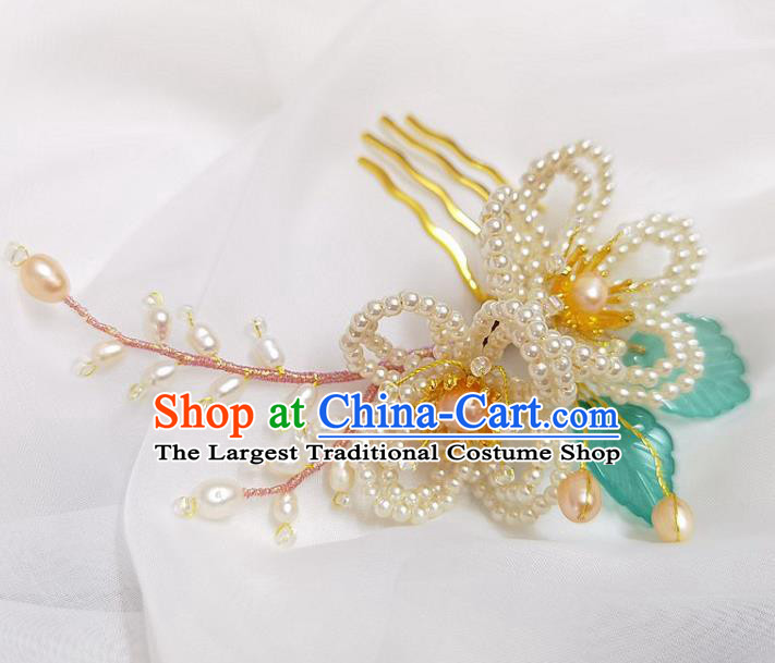 China Ming Dynasty Pearls Hairpin Traditional Hanfu Hair Accessories Ancient Princess Tassel Hair Comb
