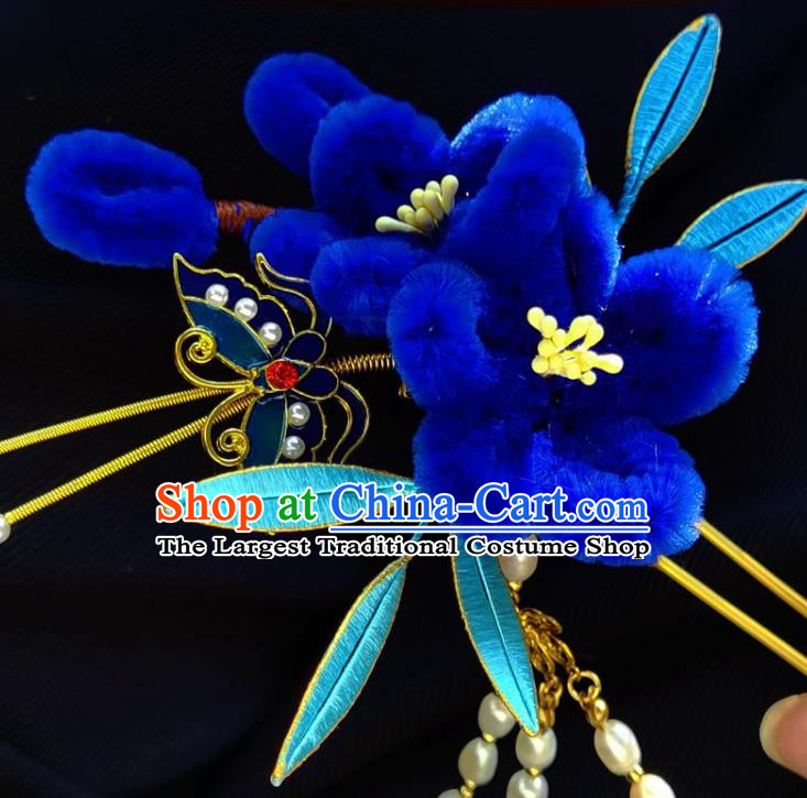 China Ming Dynasty Pearls Tassel Hairpin Traditional Hanfu Hair Accessories Ancient Princess Blue Velvet Plum Hair Stick