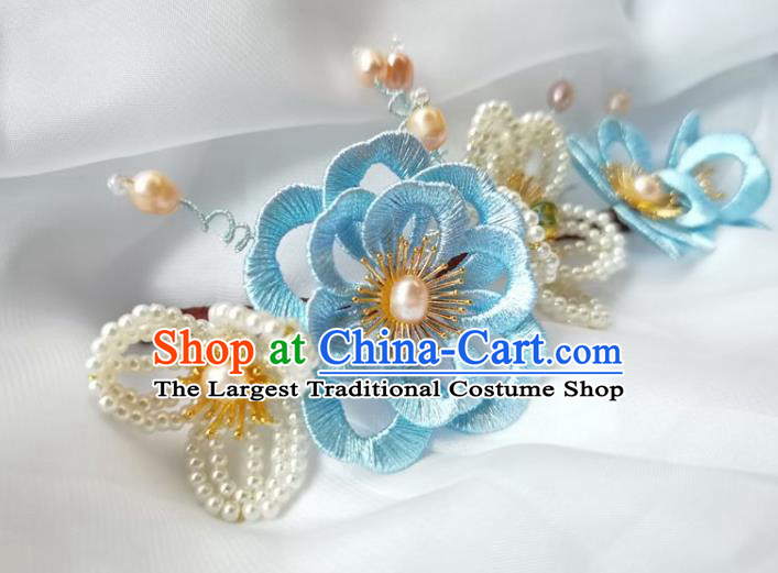 China Ming Dynasty Pearls Hairpin Traditional Hanfu Hair Accessories Ancient Princess Blue Silk Flowers Hair Stick