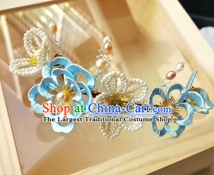 China Ming Dynasty Pearls Hairpin Traditional Hanfu Hair Accessories Ancient Princess Blue Silk Flowers Hair Stick