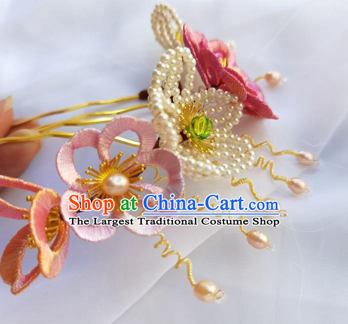 China Ming Dynasty Beads Plum Hairpin Traditional Hanfu Hair Accessories Ancient Princess Silk Flowers Hair Comb