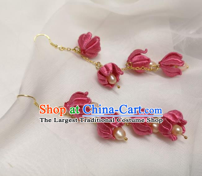 Handmade China Ancient Hanfu Rosy Silk Flowers Ear Accessories Ming Dynasty Princess Pearls Earrings