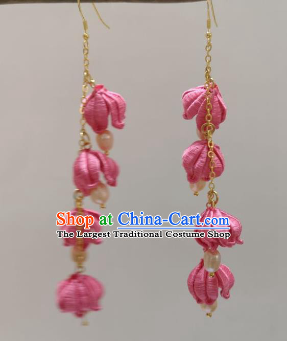 Handmade China Ancient Hanfu Rosy Silk Flowers Ear Accessories Ming Dynasty Princess Pearls Earrings