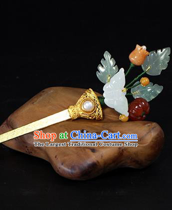 China Ancient Queen Pearl Golden Hairpin Traditional Qing Dynasty Palace Jade Butterfly Hair Stick