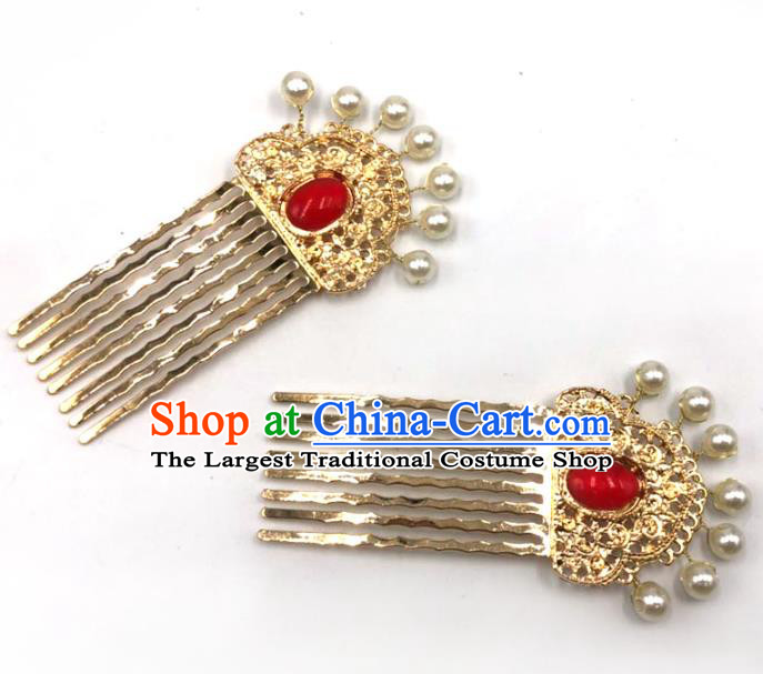 China Ancient Princess Golden Hair Combs Ming Dynasty Hairpin Traditional Hanfu Hair Accessories