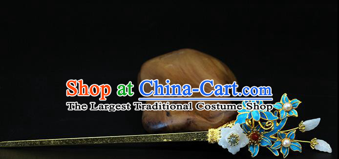 China Traditional Qing Dynasty Palace Jade Plum Hair Stick Ancient Queen Pearls Orchids Hairpin