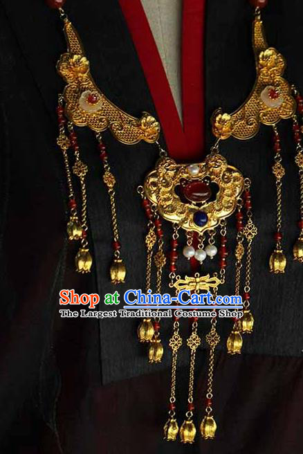 Chinese Traditional Wedding Agate Beads Necklace Ancient Princess Golden Tassel Necklet Accessories