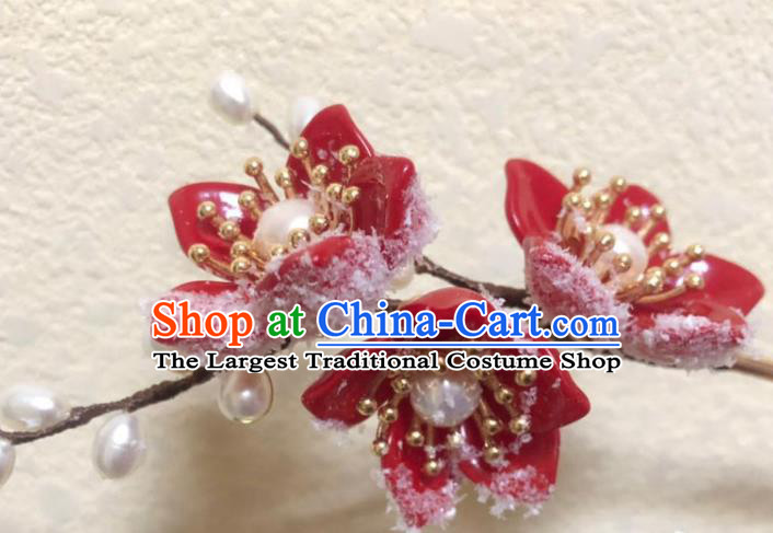 China Ancient Princess Red Plum Blossom Hairpin Traditional Ming Dynasty Pearls Hair Stick