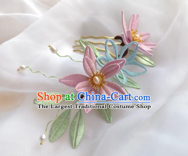 China Ming Dynasty Pink Silk Flowers Hairpin Traditional Hanfu Hair Accessories Ancient Princess Pearls Hair Comb