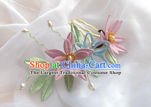 China Ming Dynasty Pink Silk Flowers Hairpin Traditional Hanfu Hair Accessories Ancient Princess Pearls Hair Comb