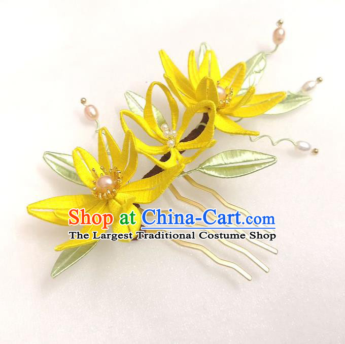 China Ming Dynasty Yellow Silk Flowers Hairpin Ancient Princess Pearls Hair Comb Traditional Hanfu Hair Accessories