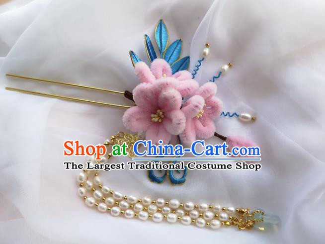 China Ming Dynasty Pearls Tassel Hairpin Traditional Hanfu Hair Accessories Ancient Princess Pink Velvet Plum Hair Stick