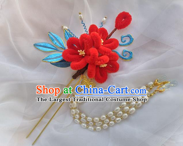 China Ming Dynasty Hairpin Traditional Hanfu Hair Accessories Ancient Princess Red Velvet Plum Hair Stick