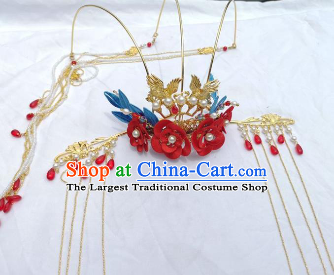 China Ancient Princess Hair Stick Traditional Hanfu Hair Accessories Wedding Red Silk Flowers Hair Crown
