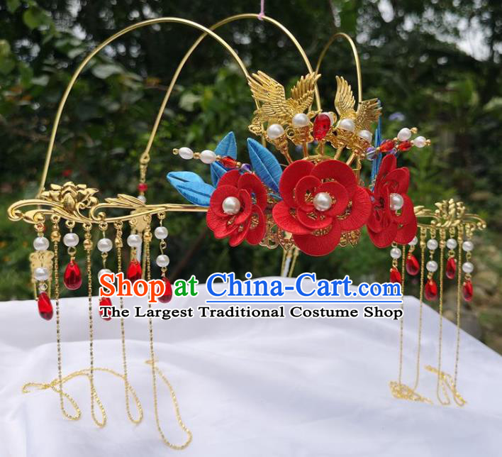 China Ancient Princess Hair Stick Traditional Hanfu Hair Accessories Wedding Red Silk Flowers Hair Crown