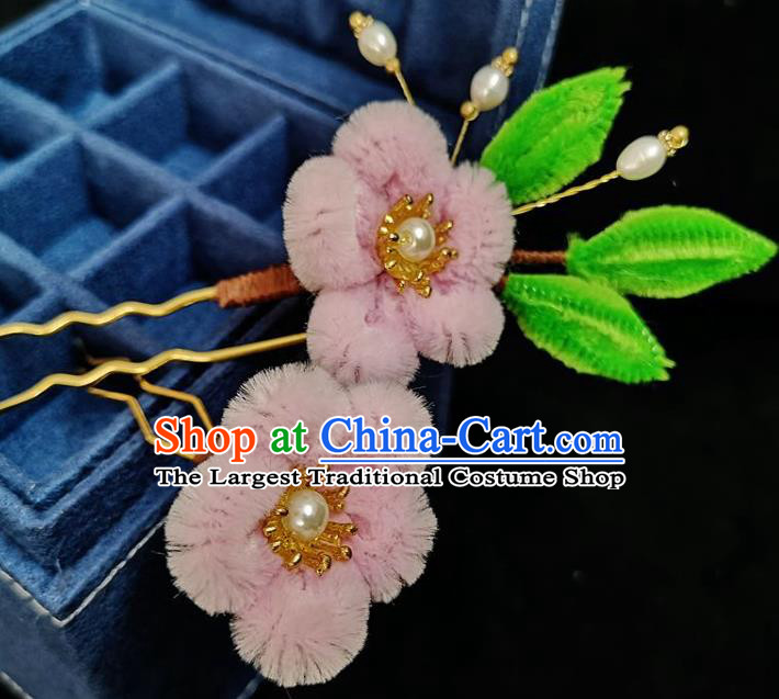 China Ming Dynasty Pink Velvet Plum Hairpin Traditional Hanfu Hair Accessories Ancient Princess Hair Stick