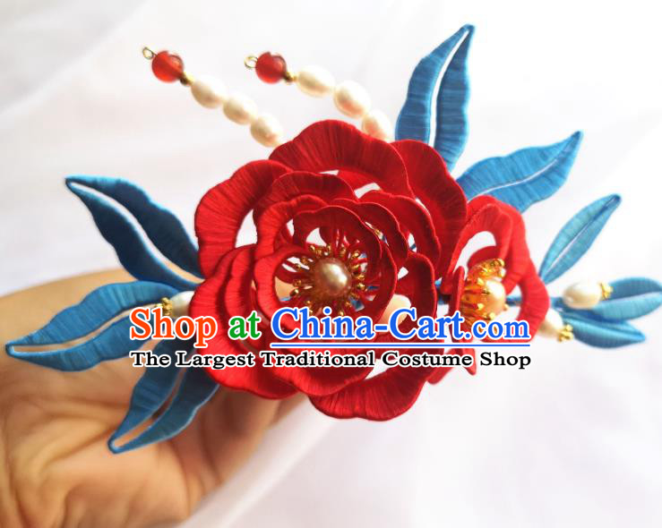 China Ming Dynasty Pearls Hair Stick Ancient Princess Red Silk Peony Hairpin Traditional Hanfu Hair Accessories