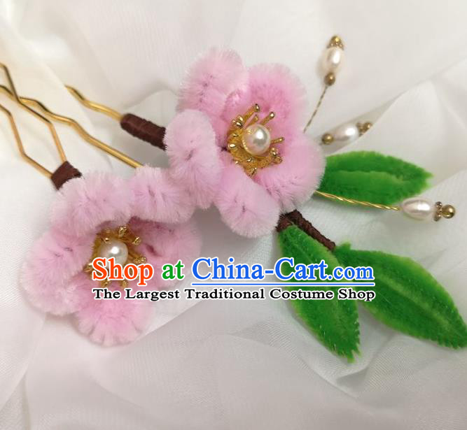 China Ming Dynasty Pink Velvet Plum Hairpin Traditional Hanfu Hair Accessories Ancient Princess Hair Stick