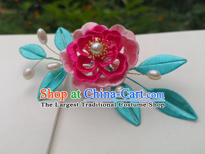 China Ming Dynasty Silk Peony Hair Stick Traditional Hanfu Hair Accessories Ancient Princess Pearls Hairpin