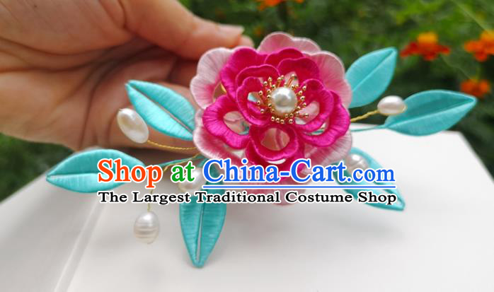 China Ming Dynasty Silk Peony Hair Stick Traditional Hanfu Hair Accessories Ancient Princess Pearls Hairpin