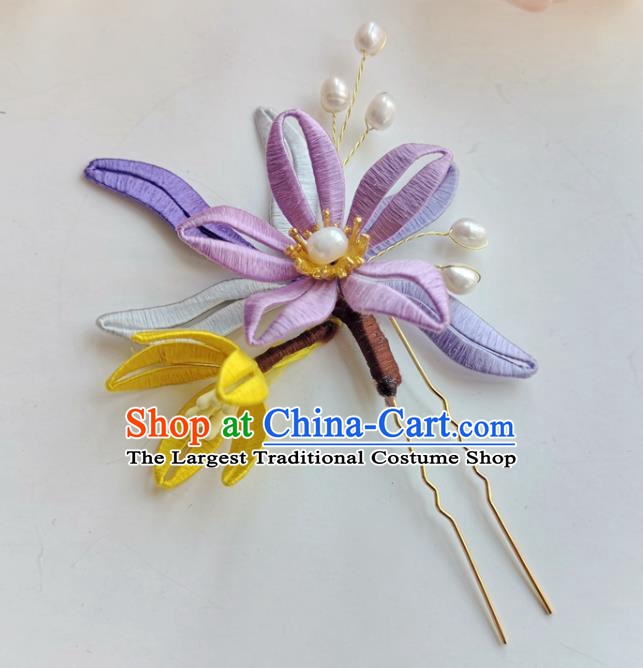 China Ancient Princess Pearls Hairpin Traditional Hanfu Hair Accessories Ming Dynasty Lilac Silk Flowers Hair Stick