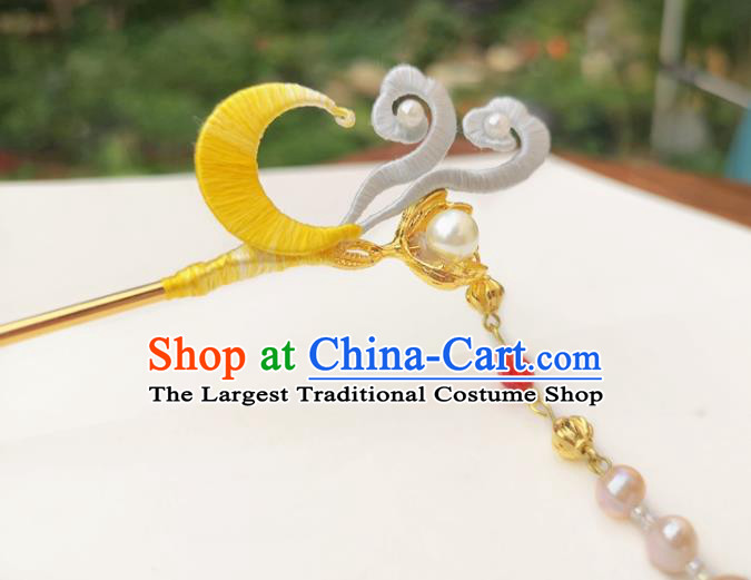 China Ancient Hanfu Hairpin Traditional Ming Dynasty Silk Moon Tassel Hair Stick