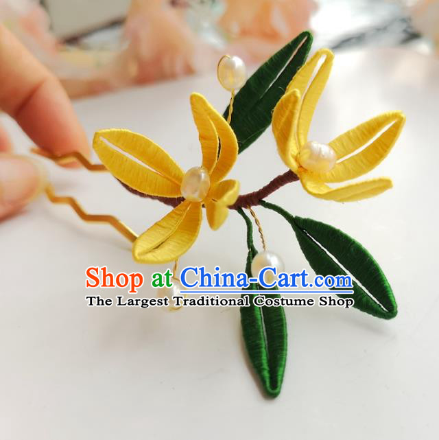 China Ancient Princess Silk Osmanthus Hairpin Traditional Hanfu Hair Accessories Ming Dynasty Pearls Hair Stick