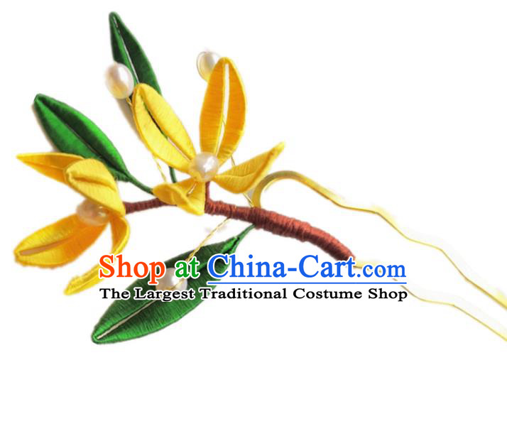 China Ancient Princess Silk Osmanthus Hairpin Traditional Hanfu Hair Accessories Ming Dynasty Pearls Hair Stick