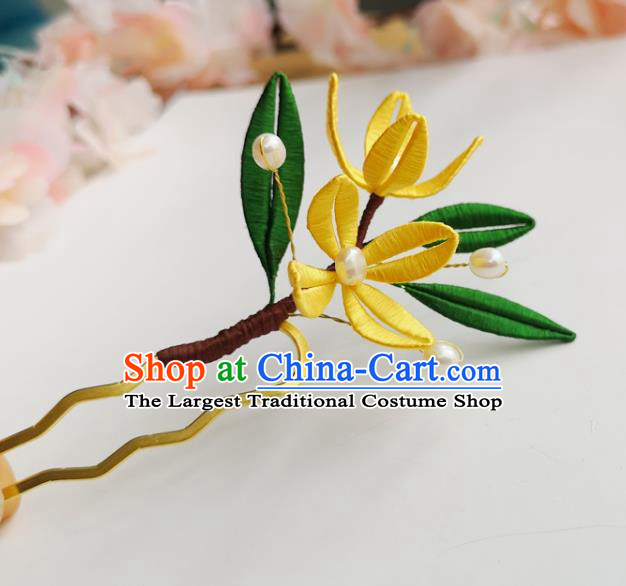 China Ancient Princess Silk Osmanthus Hairpin Traditional Hanfu Hair Accessories Ming Dynasty Pearls Hair Stick