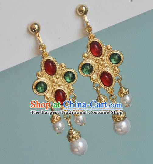 Chinese Classical Cheongsam Gems Ear Accessories Traditional Court Golden Earrings