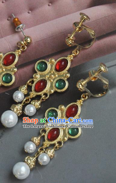 Chinese Classical Cheongsam Gems Ear Accessories Traditional Court Golden EarringsChinese Classical Cheongsam Gems Ear Accessories Traditional Court Golden Earrings