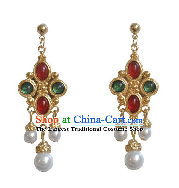 Chinese Classical Cheongsam Gems Ear Accessories Traditional Court Golden Earrings